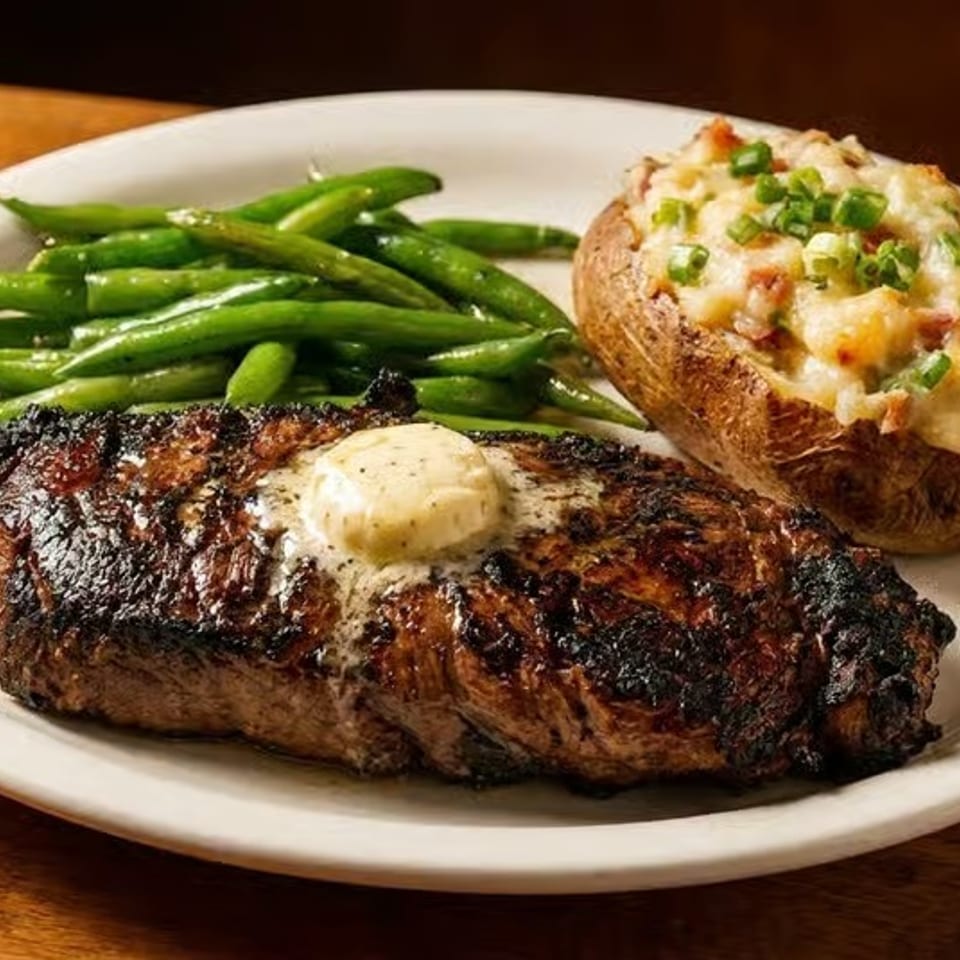 Grilled steak topped with herb butter, served with green beans and a loaded baked potato on a white plate.
